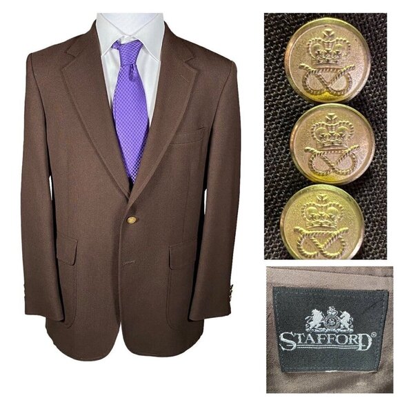 Stafford Blazer 42R Brown Darcon Poly Wool Sport Coat Gold Victorian Crown 2Btn